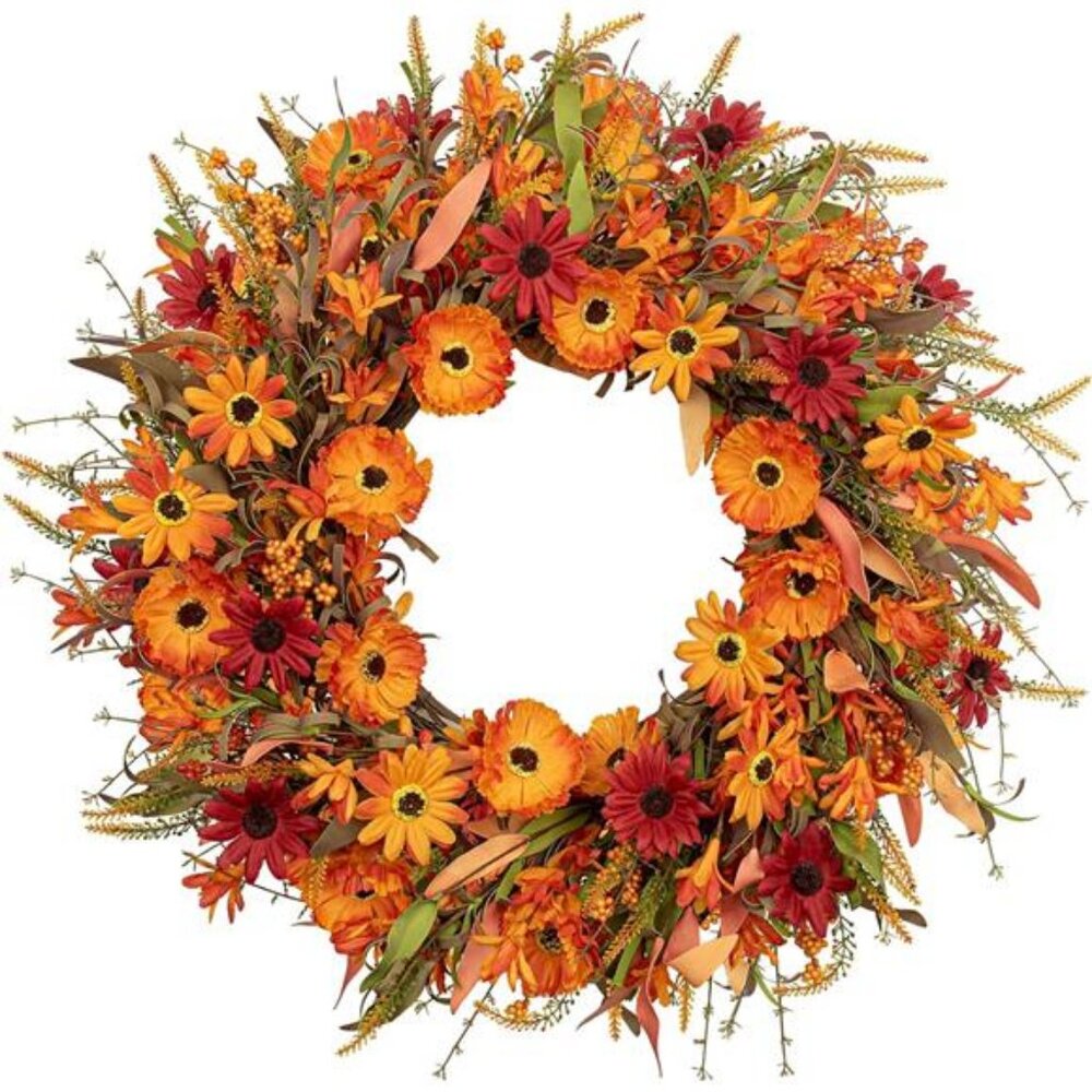 22" Artificial Orange Daisy Wreath with Wildflowers‎ Berries for Indoor Outdoor